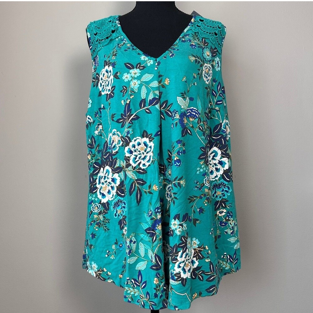 NWT‎ Daniel Rainn Women Tank Top 1X Teal Floral Crochet Flowy Cottage Romantic